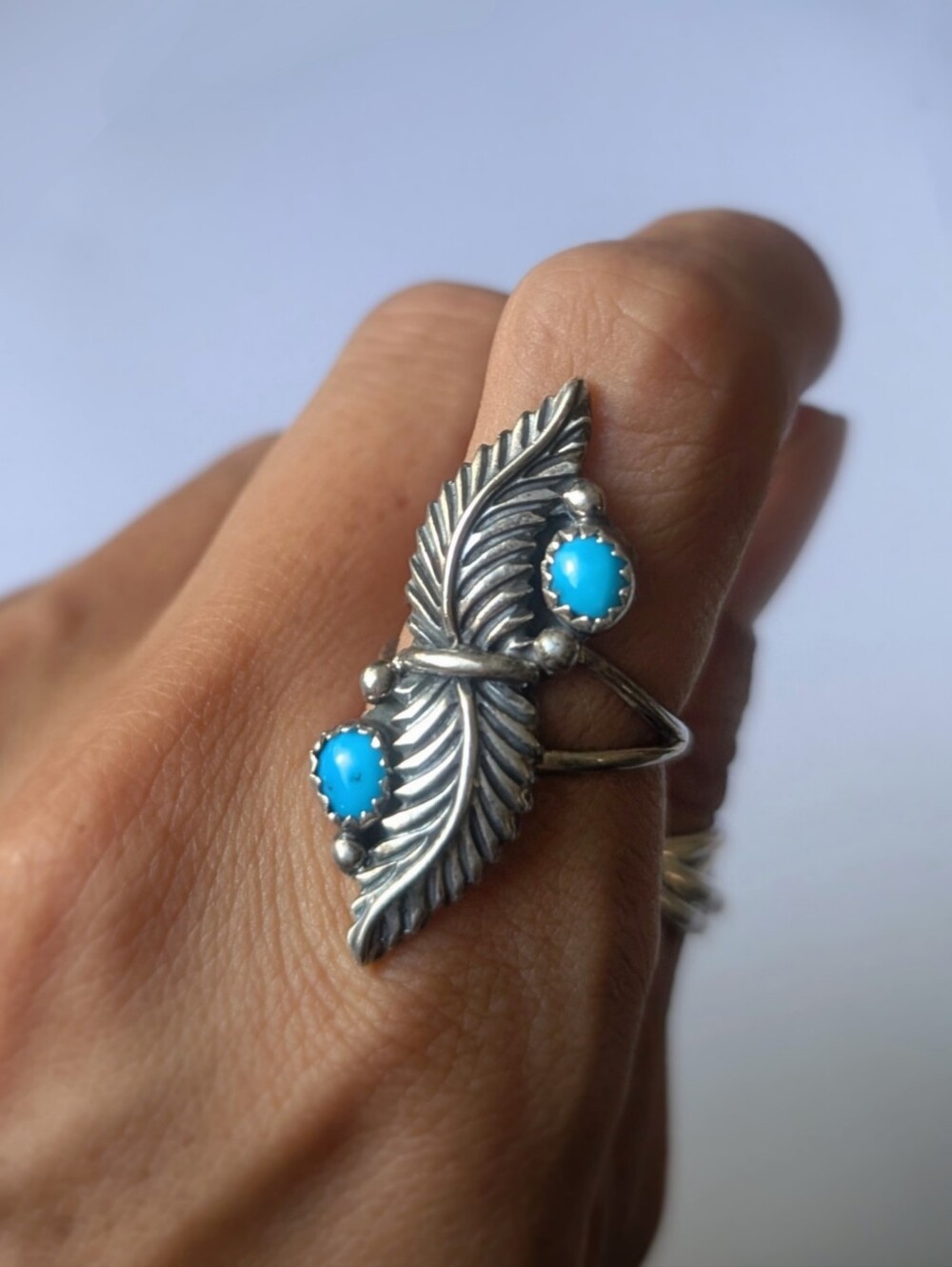 Sterling silver ring Native American turquoise leaf feather Size 7.25